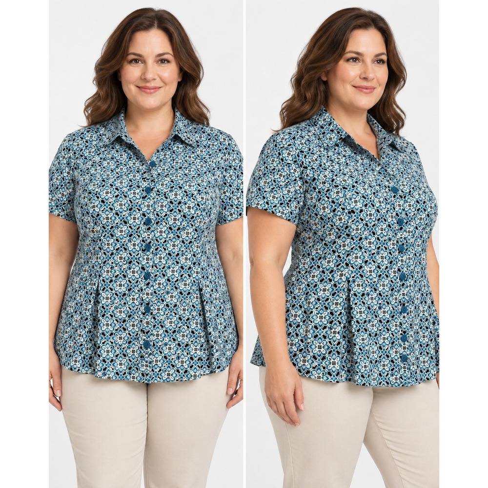 Dana Buchman Women 2X Blue Black Floral Medallion Button Down Pleated Top NWT